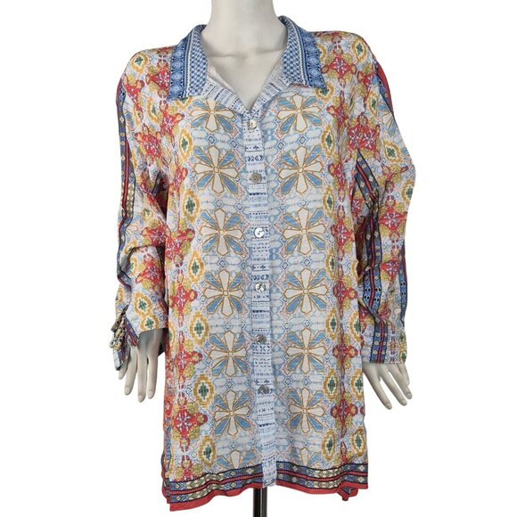 John Mark Women’s Tunic Size 3X Top Collar Button Multicolor  Multi Patern 27 - Picture 2 of 13